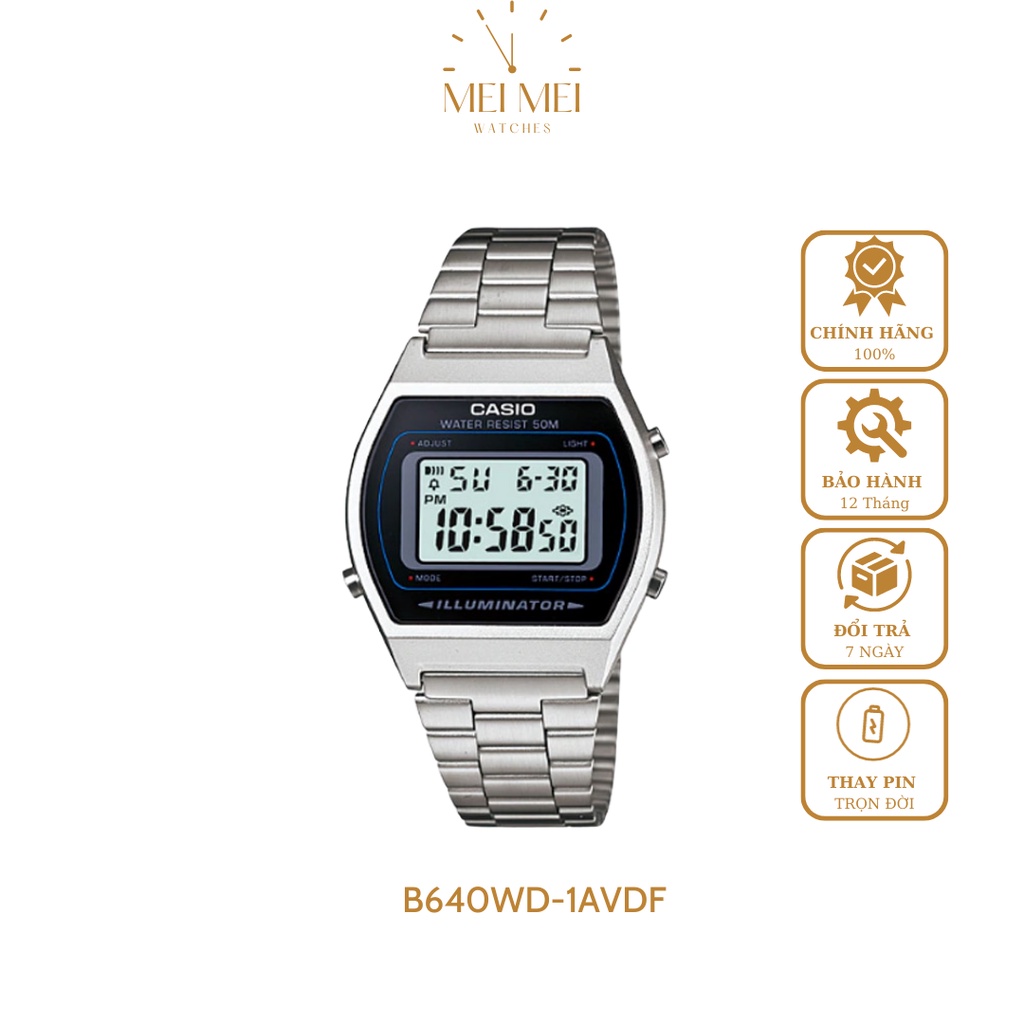 Đồng Hồ Điện Tử Nam Casio MEIMEIWATCHES B640WD-1AVDF Thiết Kế Mặt Kính Vuông Nhựa 35mm, Dây Đeo Kim Loại