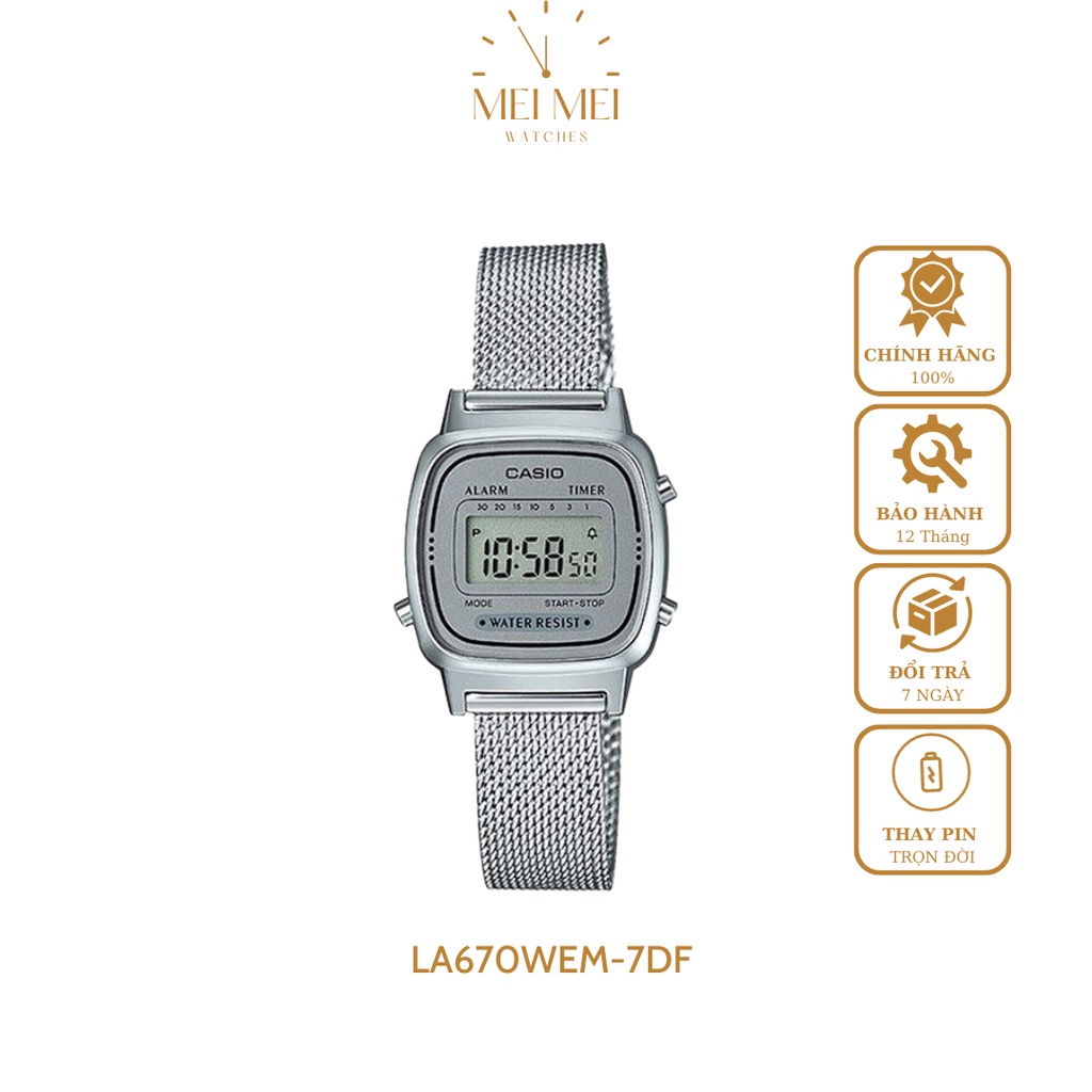 Đồng Hồ Điện Tử Nữ Casio MEIMEIWATCHES LA670WEM-7DF Thiết Kế Mặt Kính Nhựa 24.6 mm, Dây Đeo Kim Loại Màu Bạc Hiện Đại