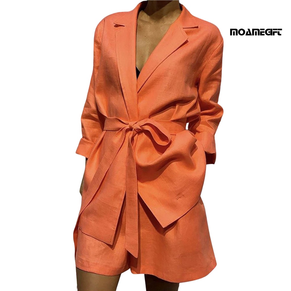 Bộ Đồ 2 Món Gồm Áo Sơ Mi Tay Dài + Quần Short Lưng Thun + Thắt Lưng Co Giãn Màu Trơn Dành Cho Nữ