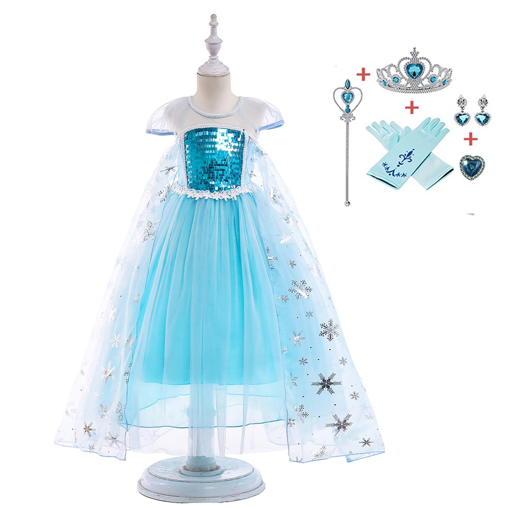 Đầm Hóa Trang Công Chúa elsa Trong Phim frozen Kèm Vương Miện Và Vòng Cổ Lưới Phồng Xinh Xắn Cho Bé Gái