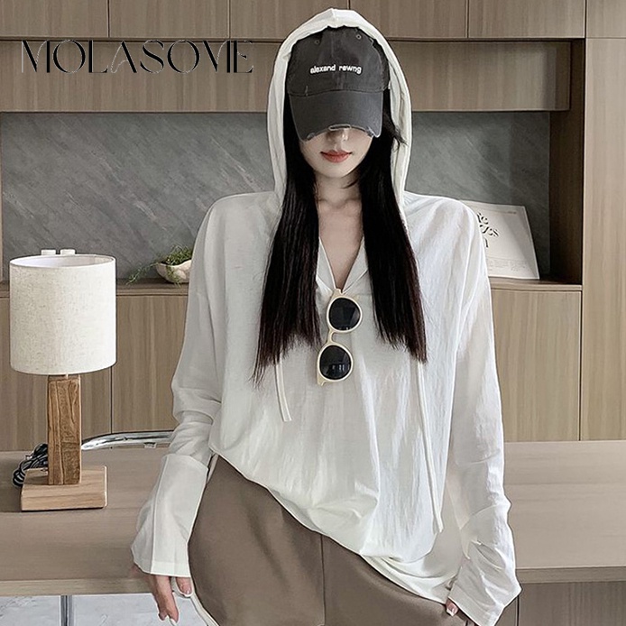 Áo Hoodie Chống Nắng Tay Dài Cổ Tròn Màu Trơn Thời Trang 2023 Dành Cho Nữ