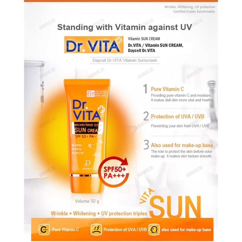 Kem Chống Nắng Bảo Vệ và Chống Lão Hoá Daycell Dr.Vita Sun Cream SPF50+ Pa+++ Ngăn Ngừa Tia UV, Bổ Sung Vitamin C 50g