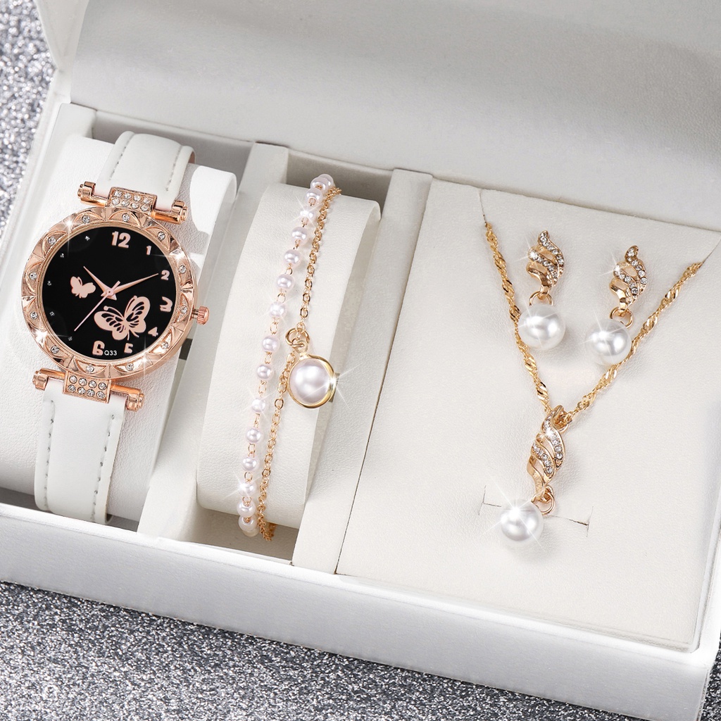 Thời Trang Đồng Hồ quartz Nữ Mặt Bướm Đính Hột Xoàn Dây Da