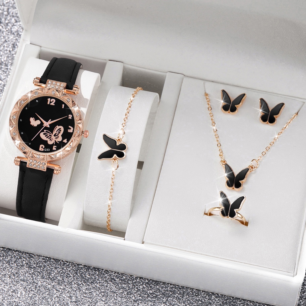 Thời Trang Đồng Hồ quartz Nữ Mặt Bướm Đính Hột Xoàn Dây Da