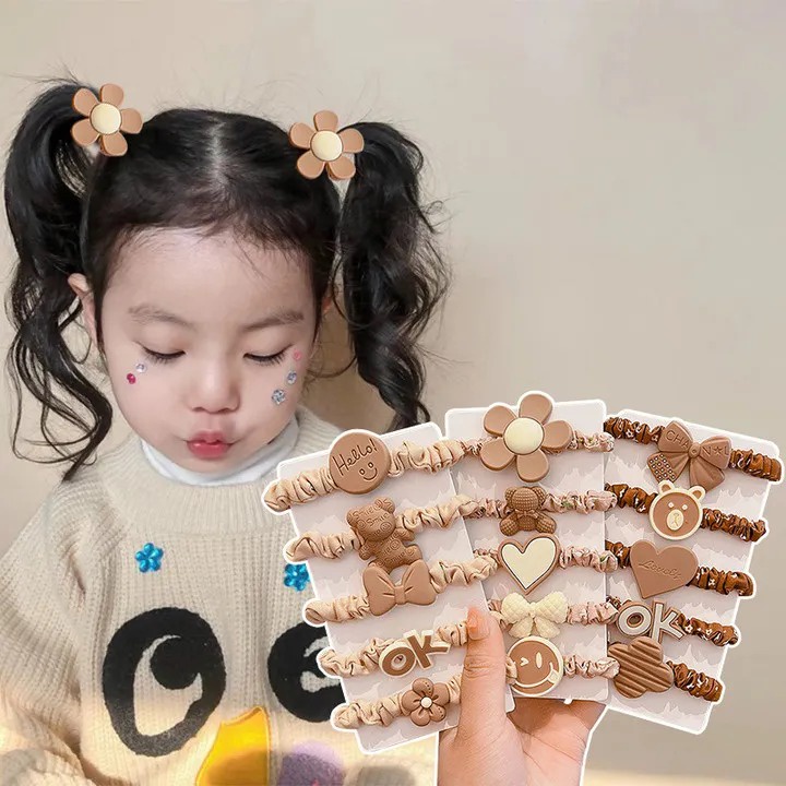 Set 5 Dây Buộc Tóc Cao Su Đính Gấu Bông Dễ Thương Cho Bé Gái