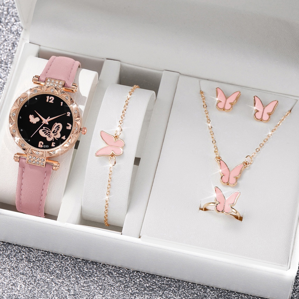 Thời Trang Đồng Hồ quartz Nữ Mặt Bướm Đính Hột Xoàn Dây Da