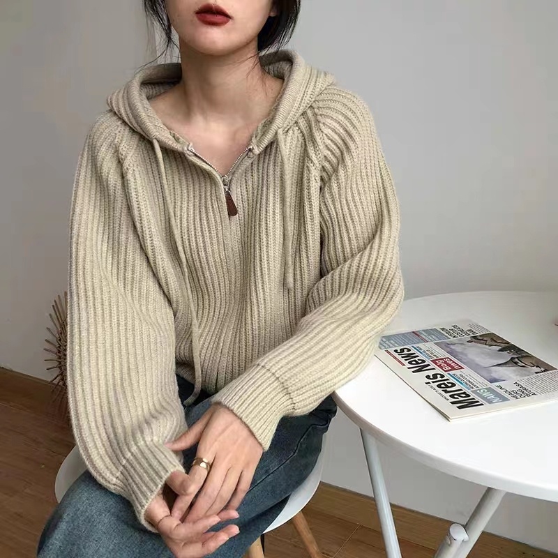 NZN Áo Khoác cardigan Dệt Kim Tay Dài Dáng Rộng Có Nón Màu Sắc Phẳng Phong Cách Hàn Quốc Dành Cho Bạn Nữ