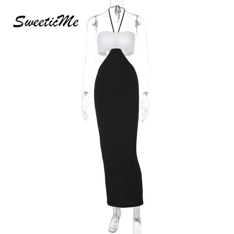 Set Đầm Hai Dây Dáng Dài Phối Màu Tương Phản Thời Trang 2023 Cho Nữ