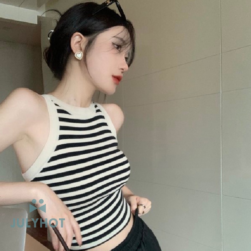 Áo Dệt Kim Sát Nách Cổ Tròn Họa Tiết Kẻ Sọc Thời Trang Mùa Hè Cho Nữ