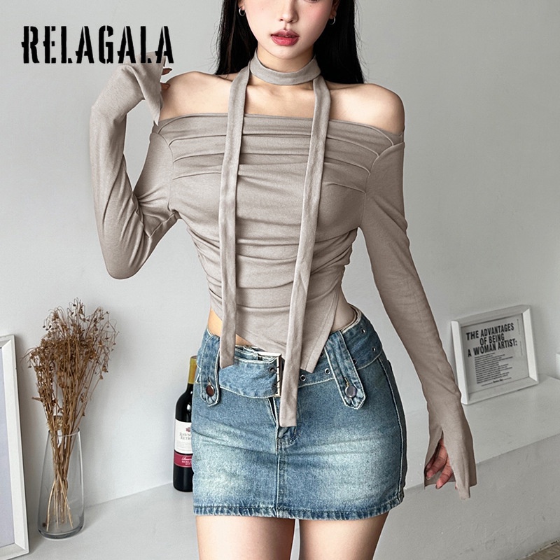 Áo Thun Tay Dài Màu Trơn Dáng Ôm Hở Vai Thời Trang Đường Phố 2023 Dành Cho Bạn Nữ