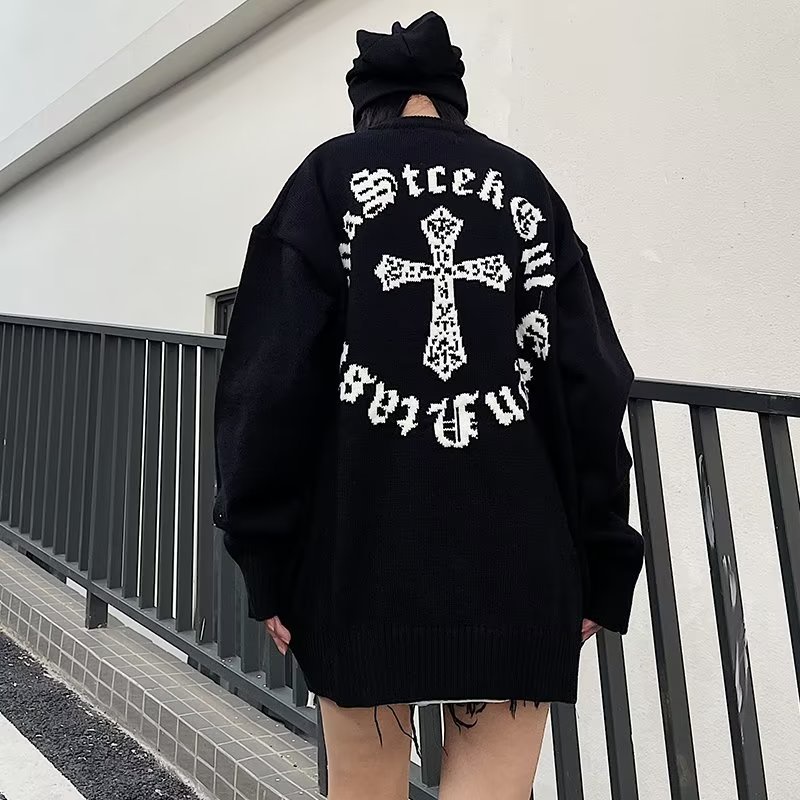 Áo sweater Dệt Kim Tay Dài Dáng Rộng In Chữ Thập Thời Trang Thu Đông Mỹ 2023 Cho Cặp Đôi