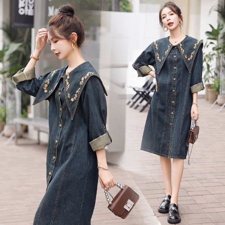 Đầm denim Tay Dài Thêu Họa Tiết Xinh Xắn Size s-3xl Thiết Kế Mới Thời Trang Dành Cho Mùa Thu