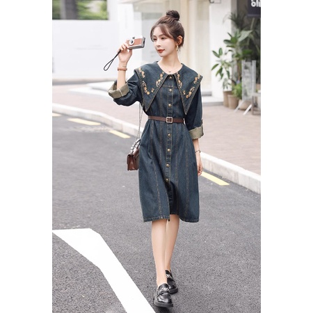 Đầm denim Tay Dài Thêu Họa Tiết Xinh Xắn Size s-3xl Thiết Kế Mới Thời Trang Dành Cho Mùa Thu