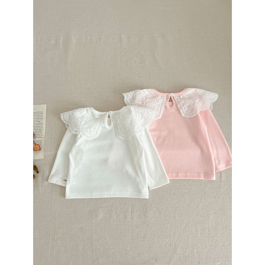Áo Thun cotton Màu Trơn Cổ Búp Bê Viền Ren Dễ Thương Phong Cách Hàn Quốc Cho Bé Gái rb7g