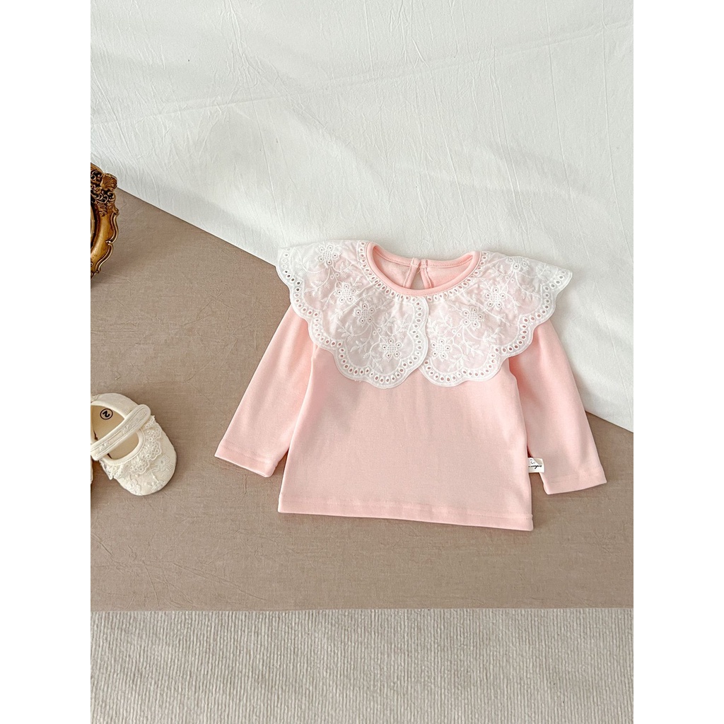 Áo Thun cotton Màu Trơn Cổ Búp Bê Viền Ren Dễ Thương Phong Cách Hàn Quốc Cho Bé Gái rb7g