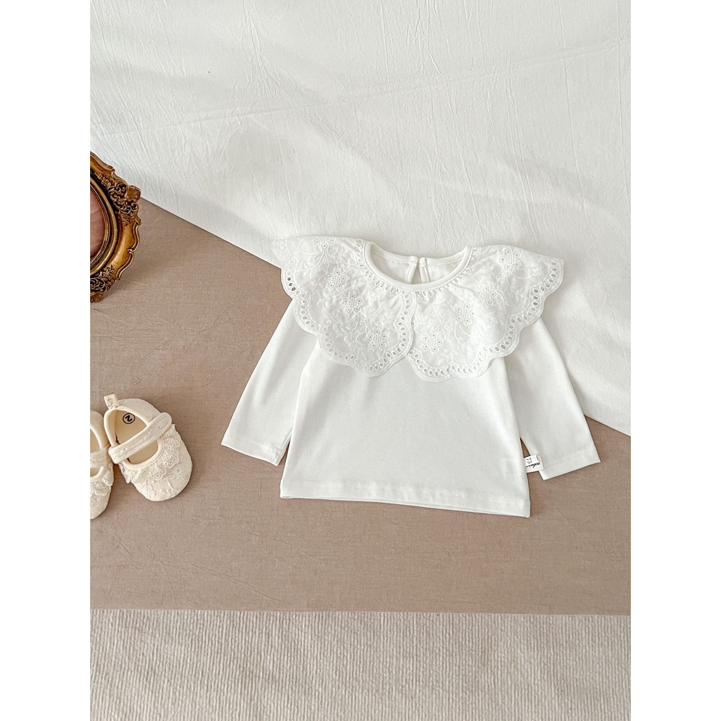 Áo Thun cotton Màu Trơn Cổ Búp Bê Viền Ren Dễ Thương Phong Cách Hàn Quốc Cho Bé Gái rb7g
