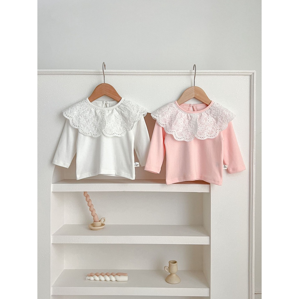 Áo Thun cotton Màu Trơn Cổ Búp Bê Viền Ren Dễ Thương Phong Cách Hàn Quốc Cho Bé Gái rb7g