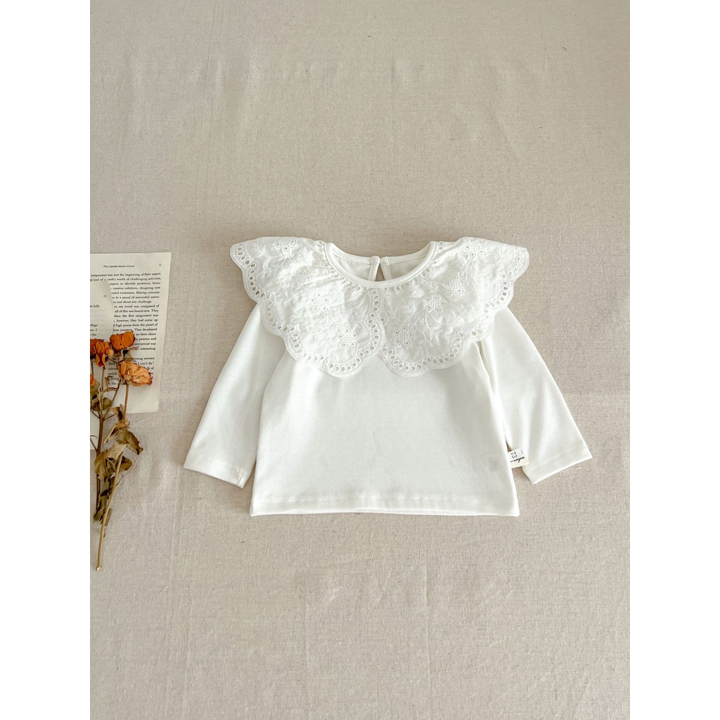 Áo Thun cotton Màu Trơn Cổ Búp Bê Viền Ren Dễ Thương Phong Cách Hàn Quốc Cho Bé Gái rb7g
