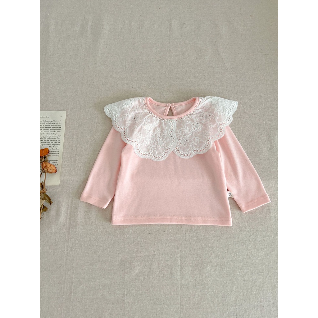 Áo Thun cotton Màu Trơn Cổ Búp Bê Viền Ren Dễ Thương Phong Cách Hàn Quốc Cho Bé Gái rb7g