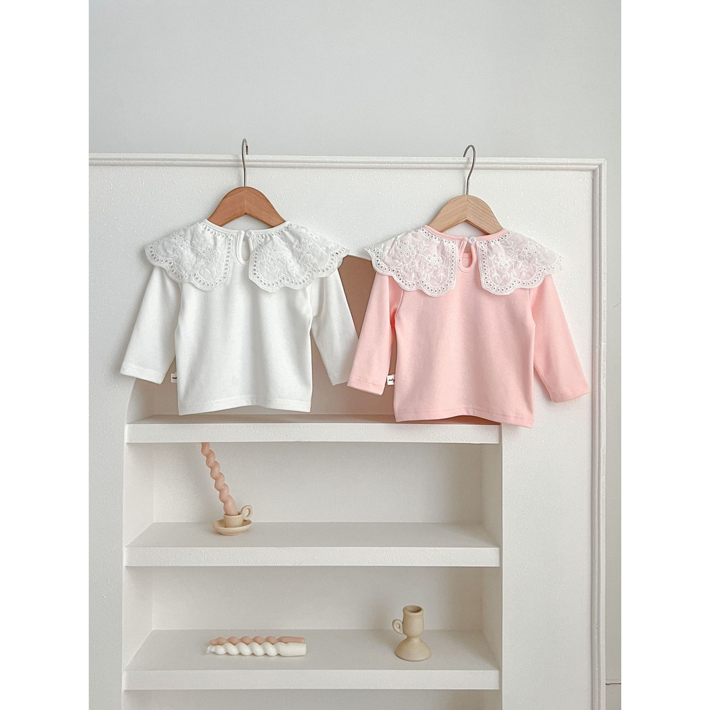 Áo Thun cotton Màu Trơn Cổ Búp Bê Viền Ren Dễ Thương Phong Cách Hàn Quốc Cho Bé Gái rb7g