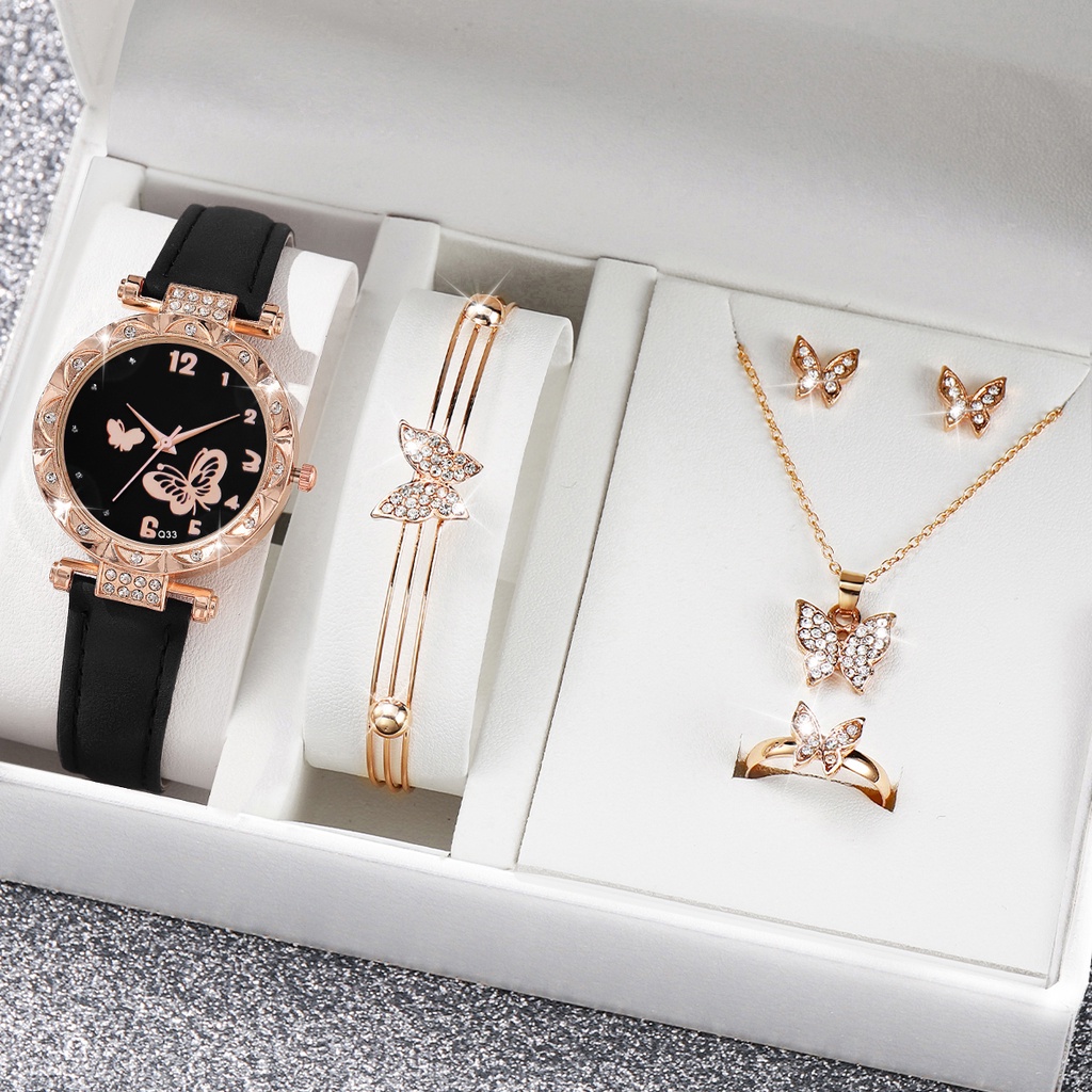 Thời Trang Đồng Hồ quartz Nữ Mặt Bướm Đính Hột Xoàn Dây Da