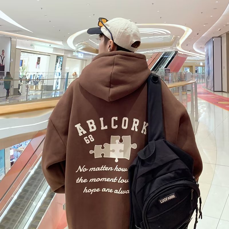 Áo Khoác hoodie Nhung Dày Tay Dài Dáng Rộng In Chữ Màu Cà Phê Kiểu vintage Mỹ Thời Trang Mùa Thu Cho Nam Cỡ m-5xl