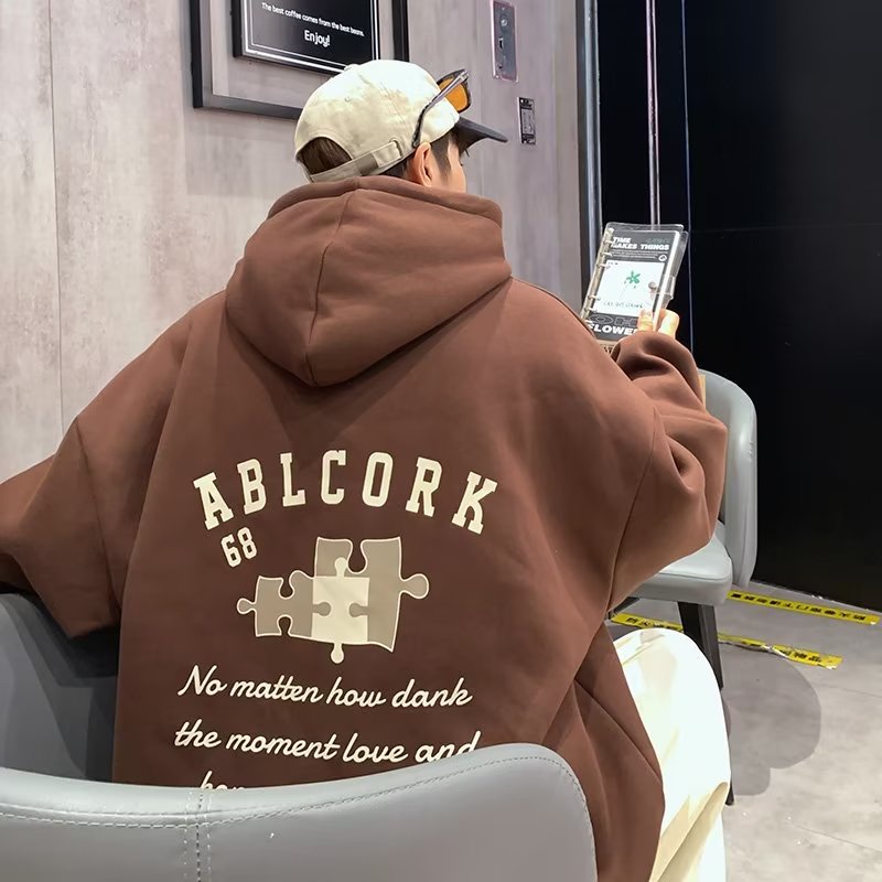 Áo Khoác hoodie Nhung Dày Tay Dài Dáng Rộng In Chữ Màu Cà Phê Kiểu vintage Mỹ Thời Trang Mùa Thu Cho Nam Cỡ m-5xl
