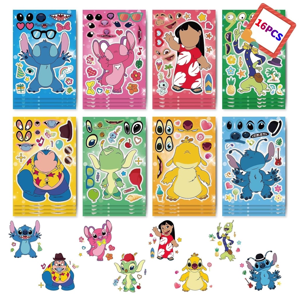 Bộ 16 Miếng Dán Hoạt Hình lilo & stitch Trang Trí Nón Bảo Hiểm / Bút Chì Cho Bé