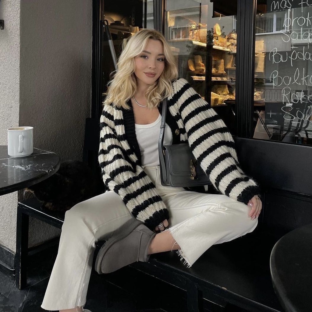 Áo Khoác cardigan Dệt Kim Dày Dáng Rộng Họa Tiết Kẻ Sọc Thời Trang Thu Đông Cho Nữ