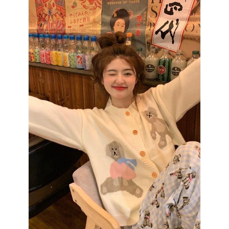 Áo Khoác cardigan Dệt Kim In Hình Gấu Dễ Thương Phong Cách Hàn Quốc Thời Trang Mùa Thu Cho Nữ