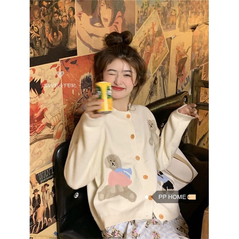 Áo Khoác cardigan Dệt Kim In Hình Gấu Dễ Thương Phong Cách Hàn Quốc Thời Trang Mùa Thu Cho Nữ