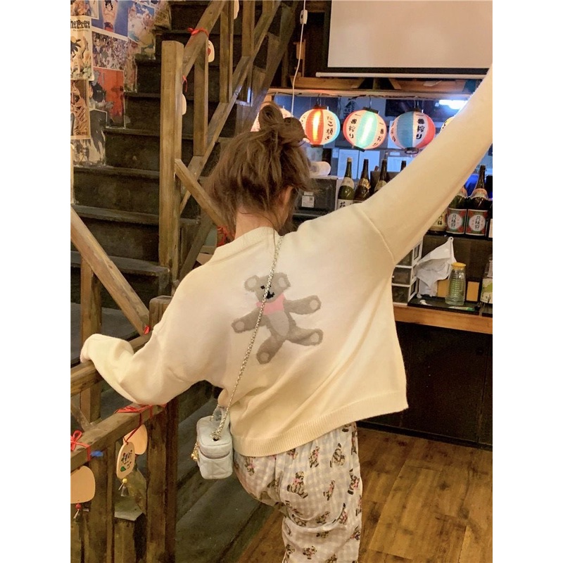 Áo Khoác cardigan Dệt Kim In Hình Gấu Dễ Thương Phong Cách Hàn Quốc Thời Trang Mùa Thu Cho Nữ