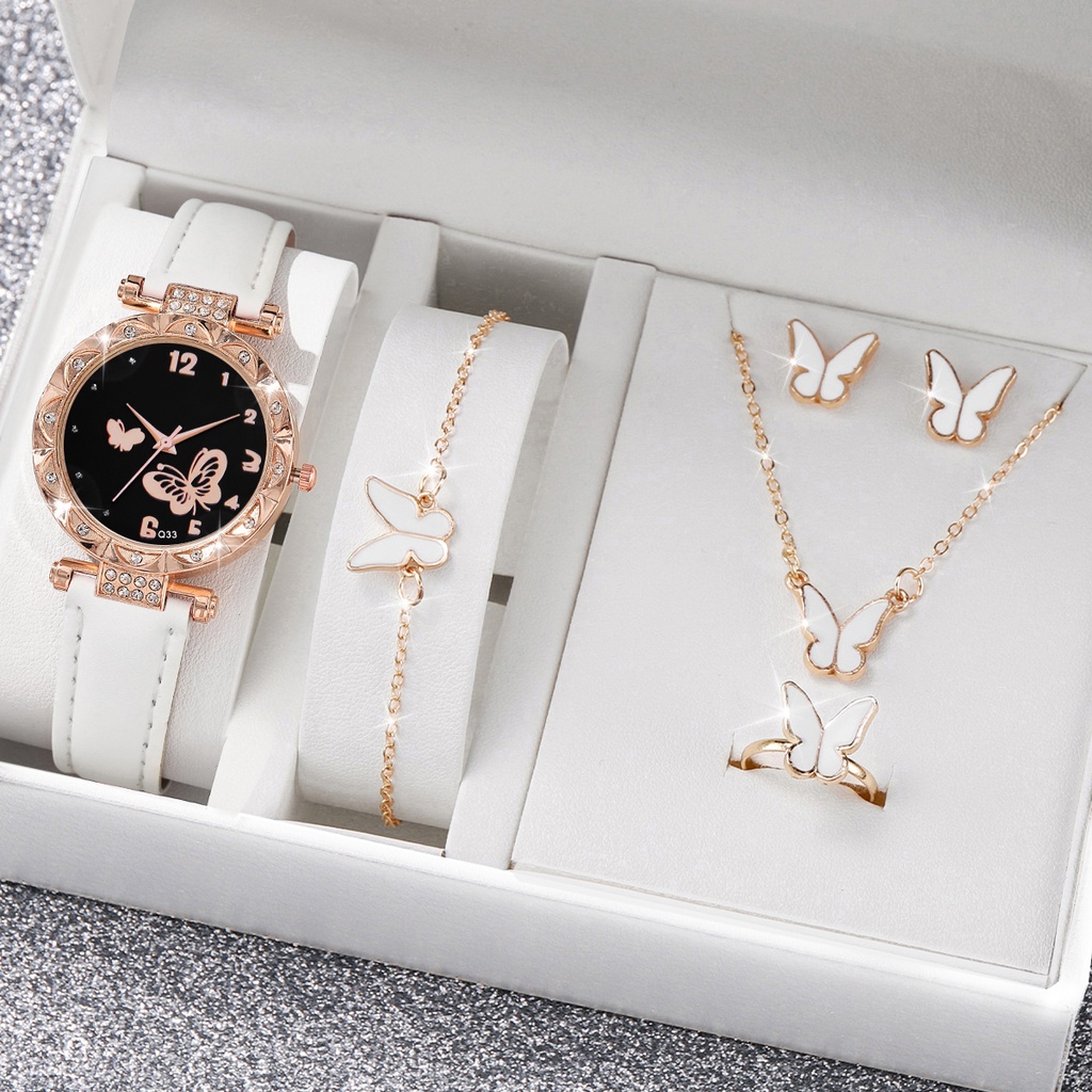 Thời Trang Đồng Hồ quartz Nữ Mặt Bướm Đính Hột Xoàn Dây Da