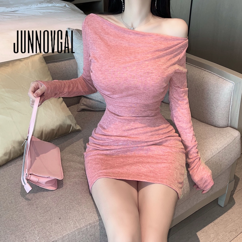 Junnovgal Đầm Ôm Hông Hở Vai Eo Cao Co Giãn Màu Trơn Gợi Cảm Thời Trang Mới 2023 Dành Cho Bạn Nữ