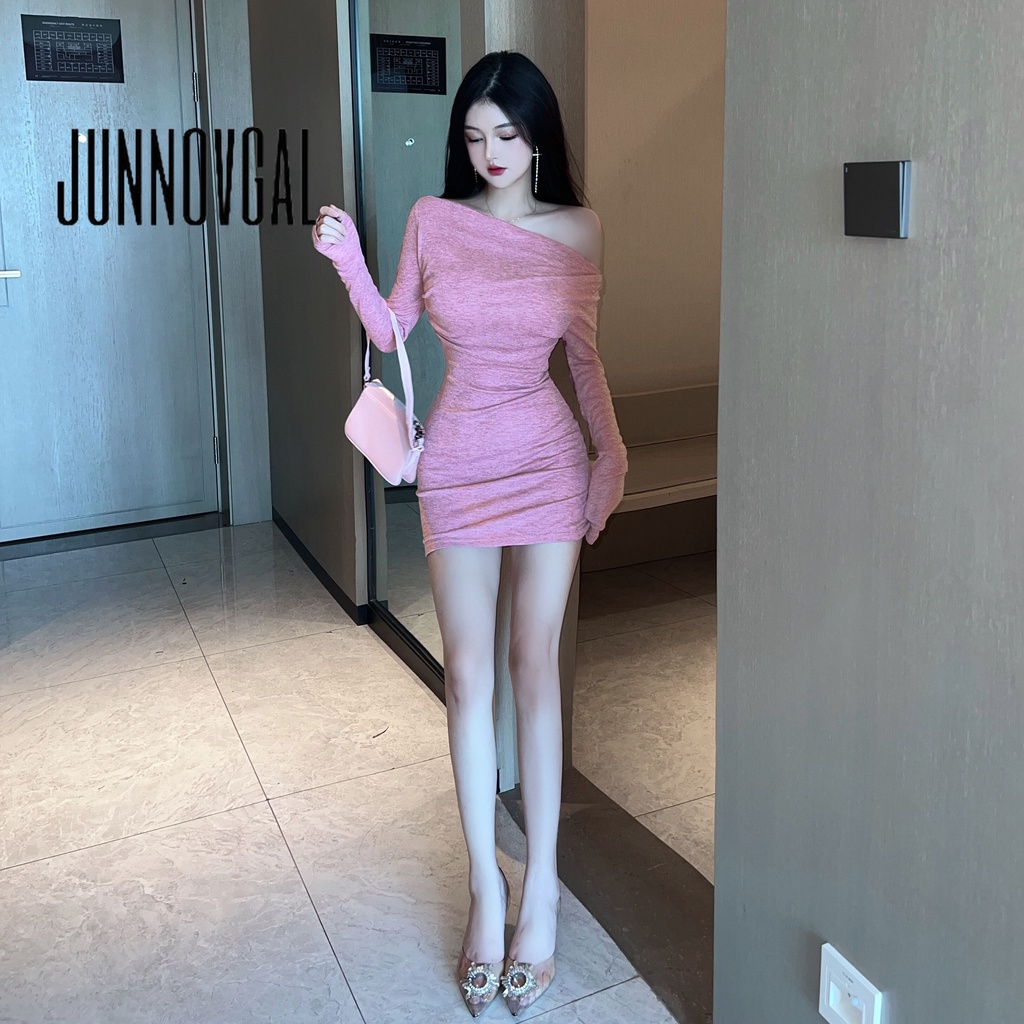 Junnovgal Đầm Ôm Hông Hở Vai Eo Cao Co Giãn Màu Trơn Gợi Cảm Thời Trang Mới 2023 Dành Cho Bạn Nữ