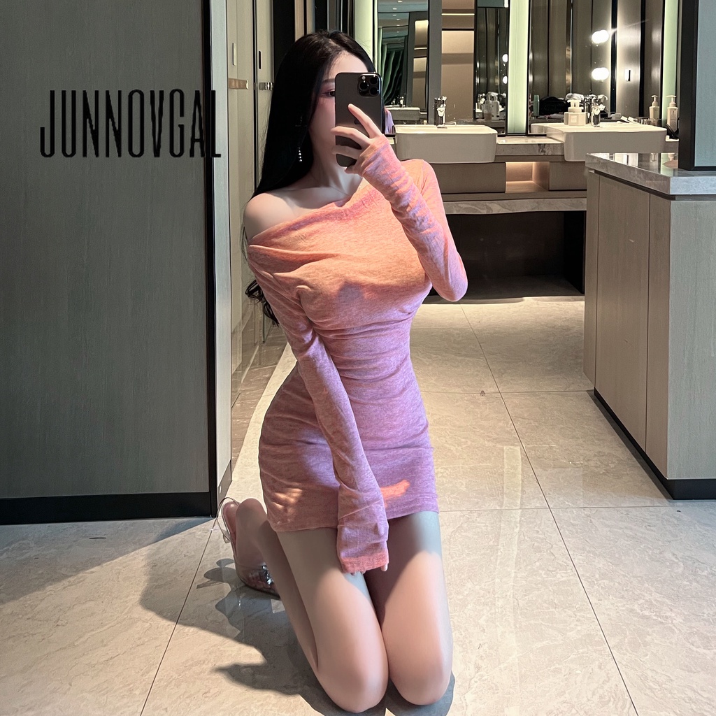 Junnovgal Đầm Ôm Hông Hở Vai Eo Cao Co Giãn Màu Trơn Gợi Cảm Thời Trang Mới 2023 Dành Cho Bạn Nữ