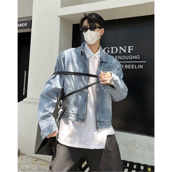 Áo Khoác Denim Ngắn Phong Cách Hàn Quốc Thời Trang Cao Cấp Cho Nam Áo Khoác Jean Unisex Nam Nữ Màu Bò Xanh Cào Xước Phong Cách