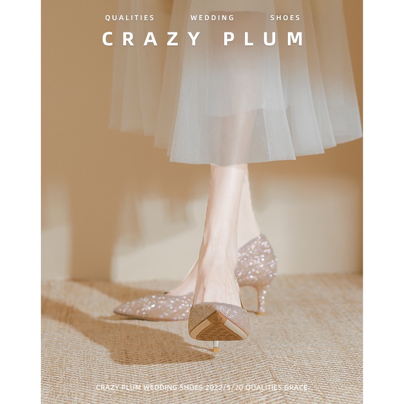 Giày Cao Gót Đính Đá Pha Lê Vàng Thời Trang Mùa Hè Mới 2023 Dành Cho Cô Dâu