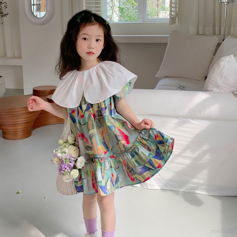 Đầm Công Chúa Xếp Li Cổ Bèo In Họa Tiết Mực Phong Cách Hàn Quốc Cho Bé Gái