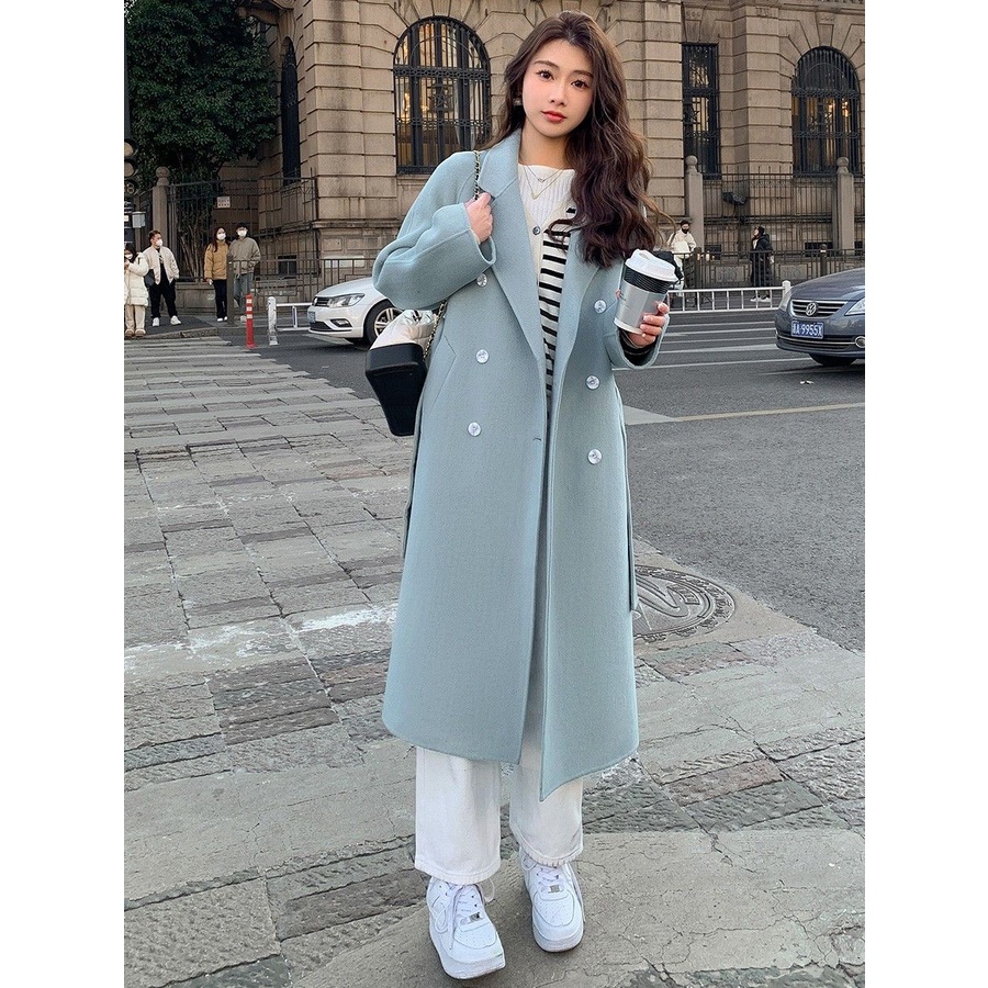 Áo Khoác Len cashmere Hai Mặt Dáng Rộng Màu Xanh Dương Phong Cách Hàn Quốc Thời Trang Thu Đông 2023 Mới