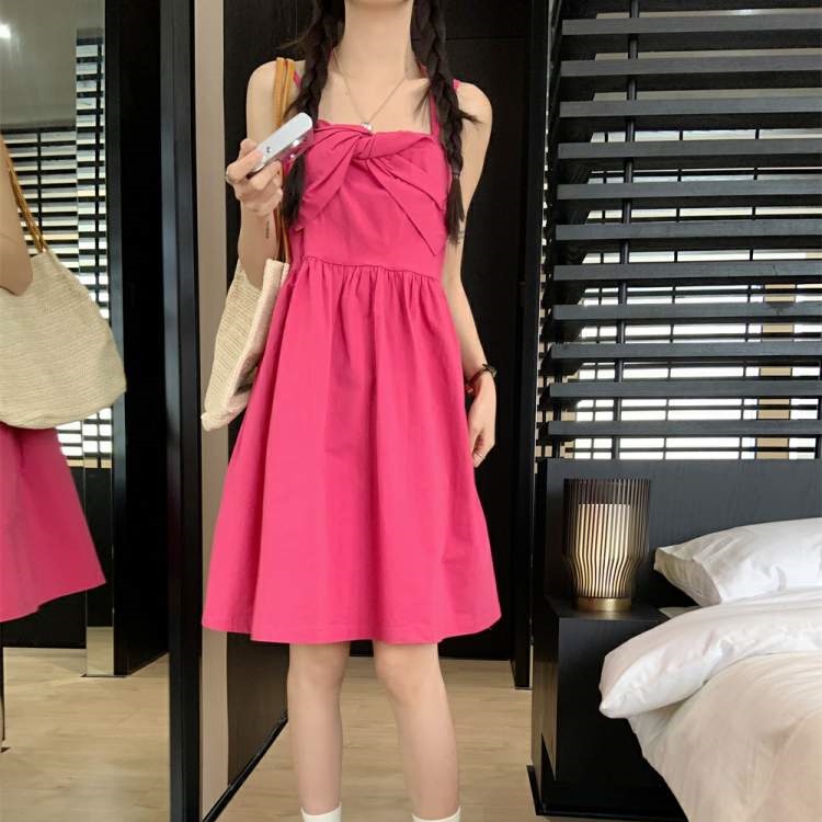 Đầm Hai Dây Mùa Hè Đính Nơ Màu Đỏ Hoa Hồng Phong Cách Pháp Cho Nữ