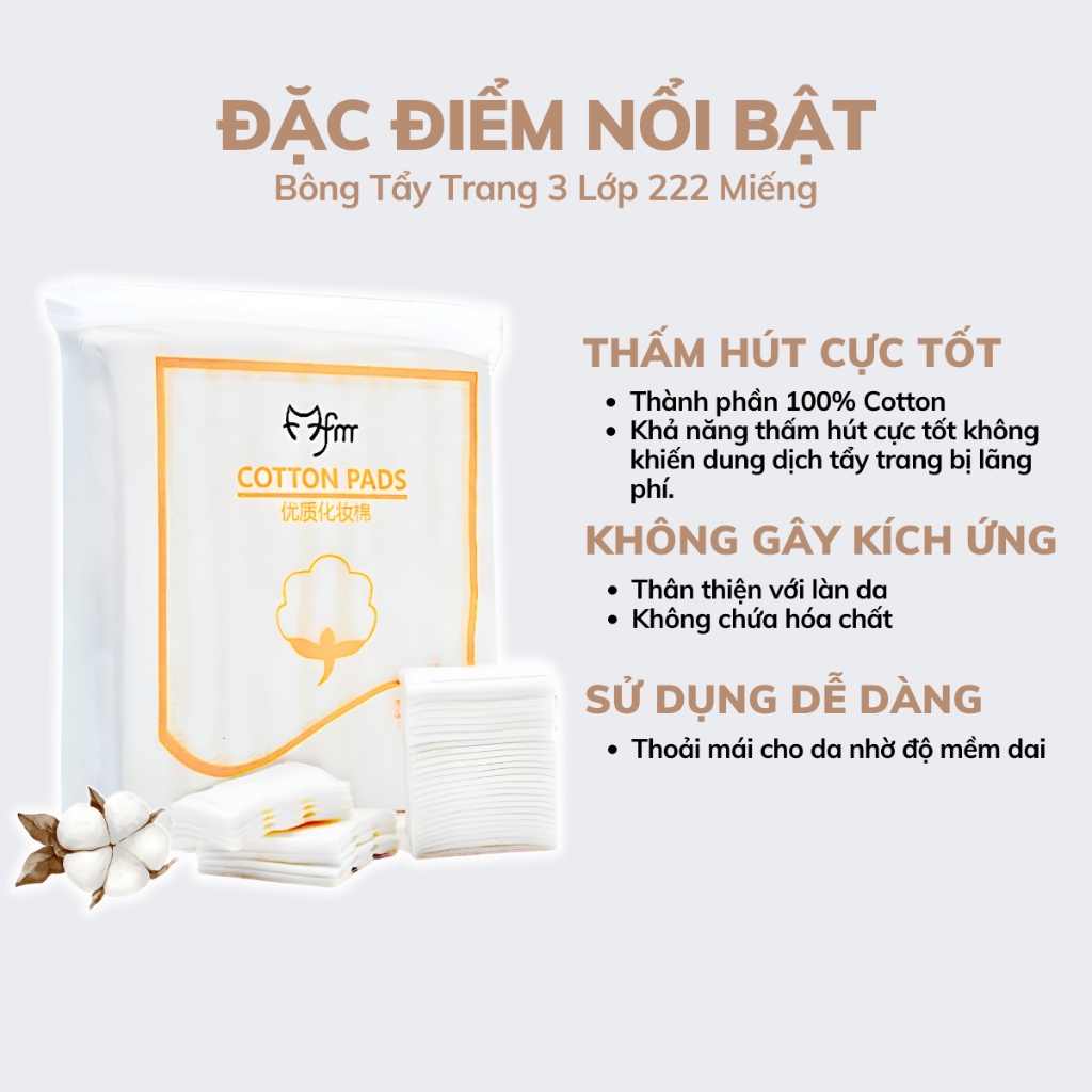 Bông Tẩy Trang 222 Miếng Cotton Pads 3 Lớp 2 Sợi Tự Nhiên An Toàn Cho Da Thấm Hút Phù Hợp Mọi Loại Da