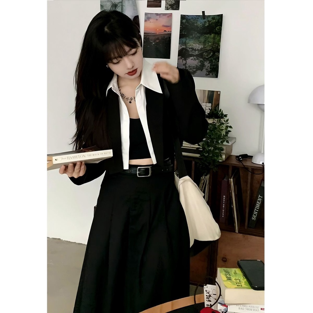 Bộ Áo Khoác Vest + Chân Váy Xếp Ly Lưng Cao Thời Trang Xuân Thu 2023 Cho Nữ