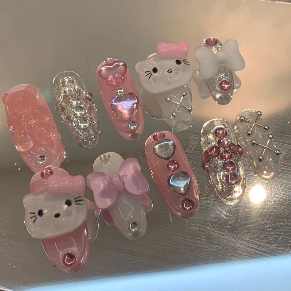 Phụ Kiện Trang Trí Móng Tay Thủ Công Hình hello kitty Màu Hồng Xinh Xắn Cho Bé Gái