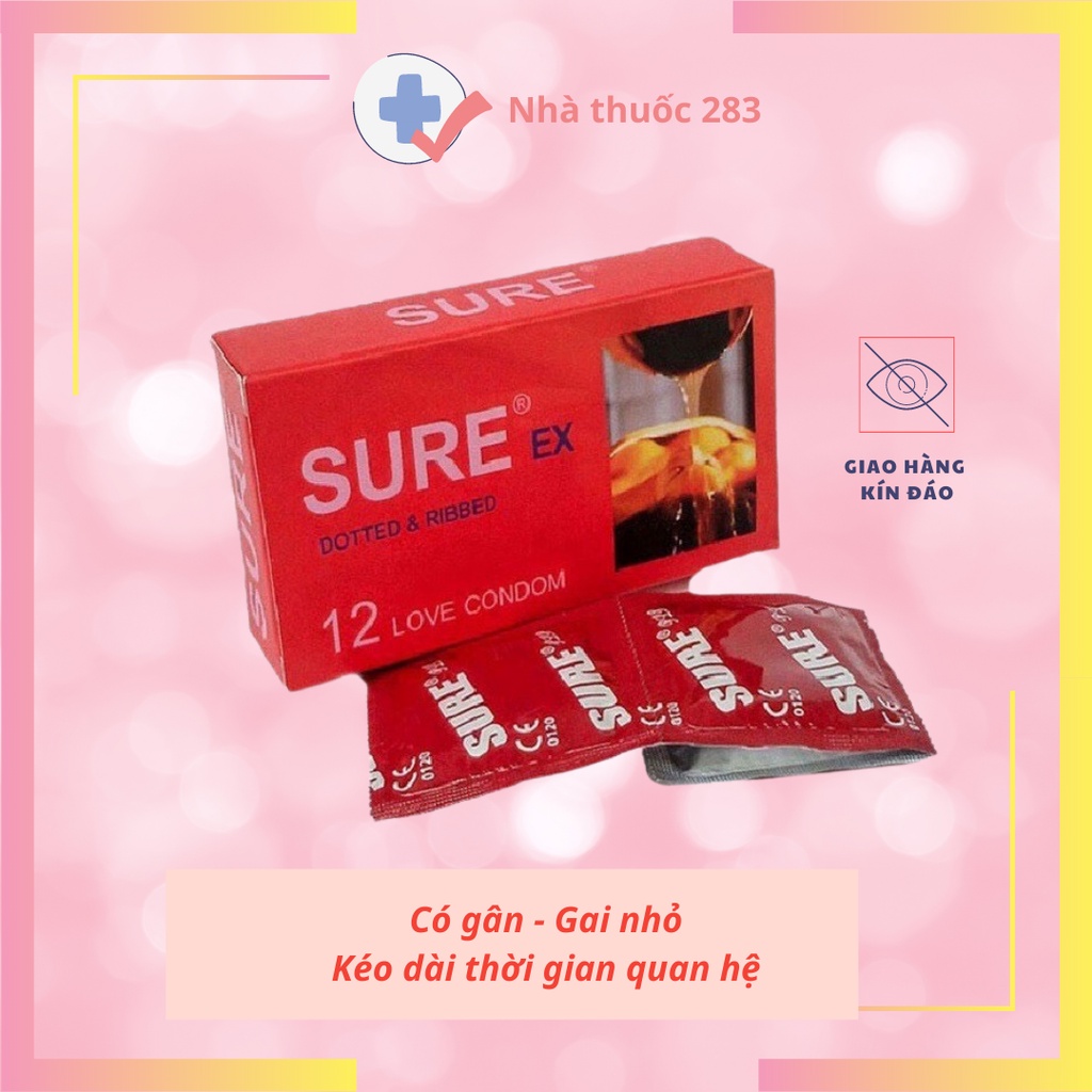 Bao cao su Sure siêu mỏng, có gân, gai giúp tăng cảm giác cuộc yêu (BCS hộp 12 cái) (CHÍNH HÃNG)