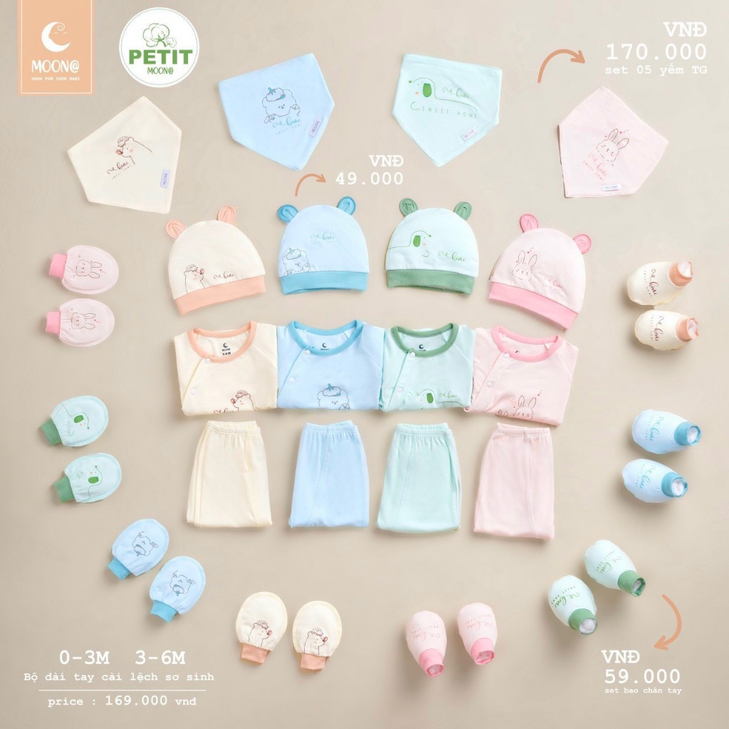 Phụ kiên Moon, set bao tay bao chân, mũ, yếm chất pettit mềm mịn cho bé sơ sinh ms