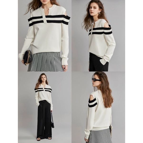Áo sweater Dệt Kim Tay Dài Cổ Tròn Hở Vai Thời Trang Mùa Thu 2023 Cho Nữ