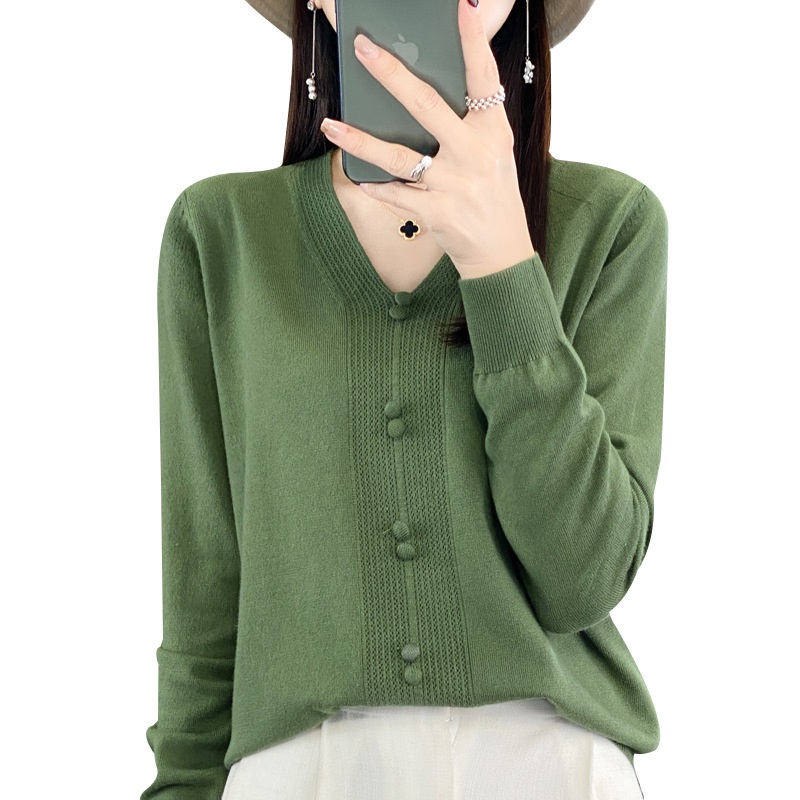 Áo sweater Dệt Kim Chui Đầu Cổ Chữ v Tay Dài Cài Nút Màu Trơn Phối Chi Tiết Pompom Cho Nữ