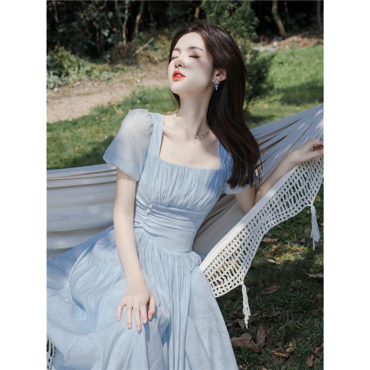 Đầm Tay Phồng Cổ Vuông Thiết Kế Mới Xinh Xắn Thời Trang Theo Phong Cách Pháp