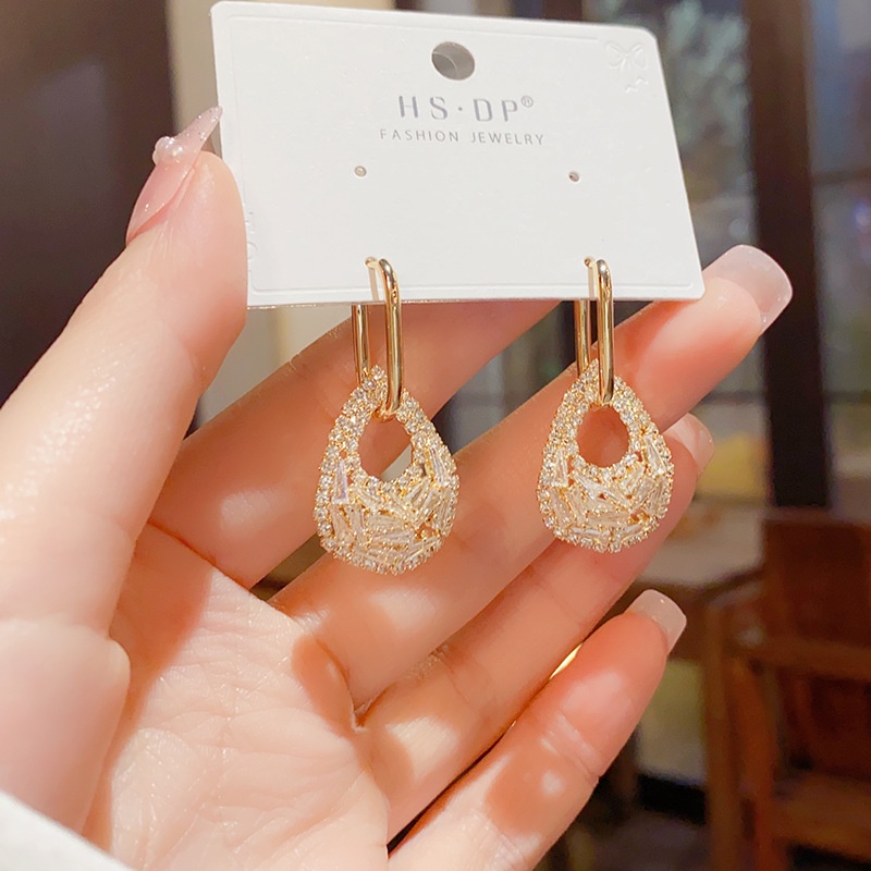 Bông Tai Hai Dây Đính Đá Hình Giọt Nước Phong Cách Nhật Bản Thời Trang